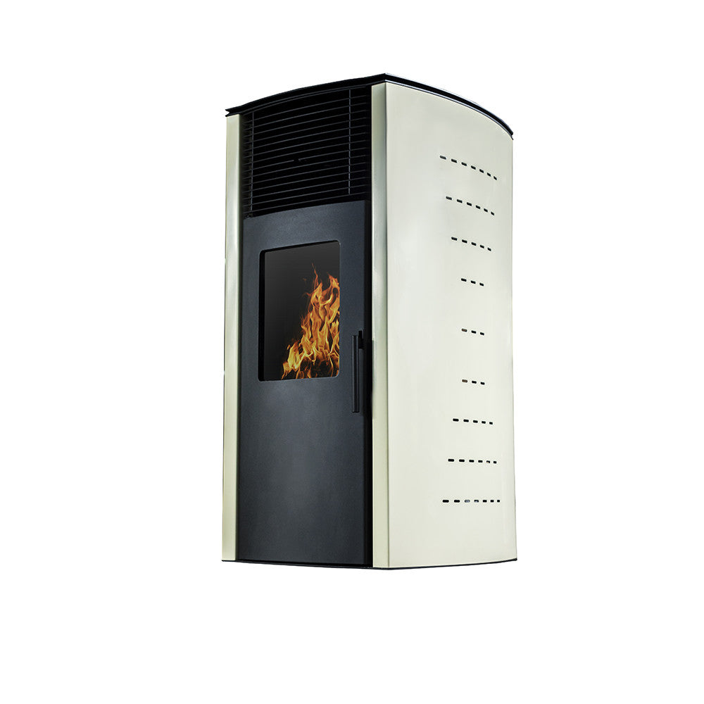 Pachet complet pentru incalzire Semineu (soba) pe peleti cu tiraj fortat Fornello Stela 10 KW, include ventilator aer cald, aprindere electrica, termostat, telecomanda, recomandat pentru 100 mp, Ivory, aspirator de cenusa si kit de evacuare 3,5 metr