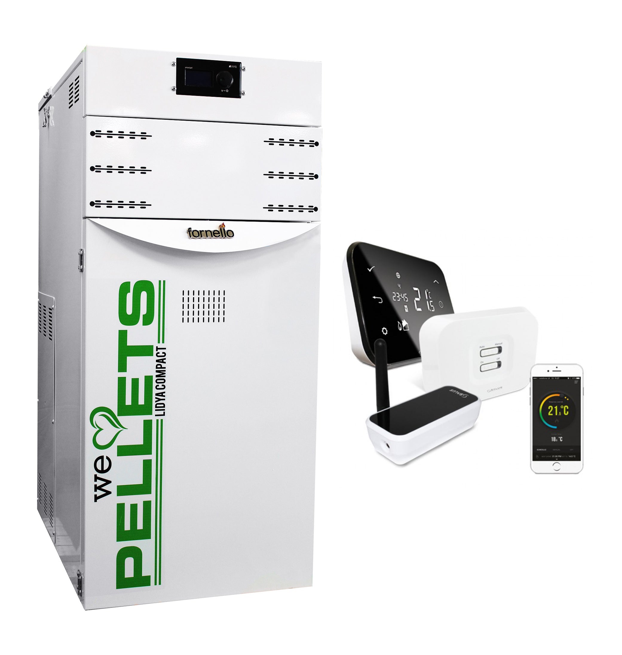 Pachet control de la distanta Centrala termica pe peleti Fornello Lidya Compact 25 kw, curatare mencanica arzator si drumuri de fum echipata cu pompa electronica Grundfos, arzator inox si termostat Wi-Fi Salus IT 500
