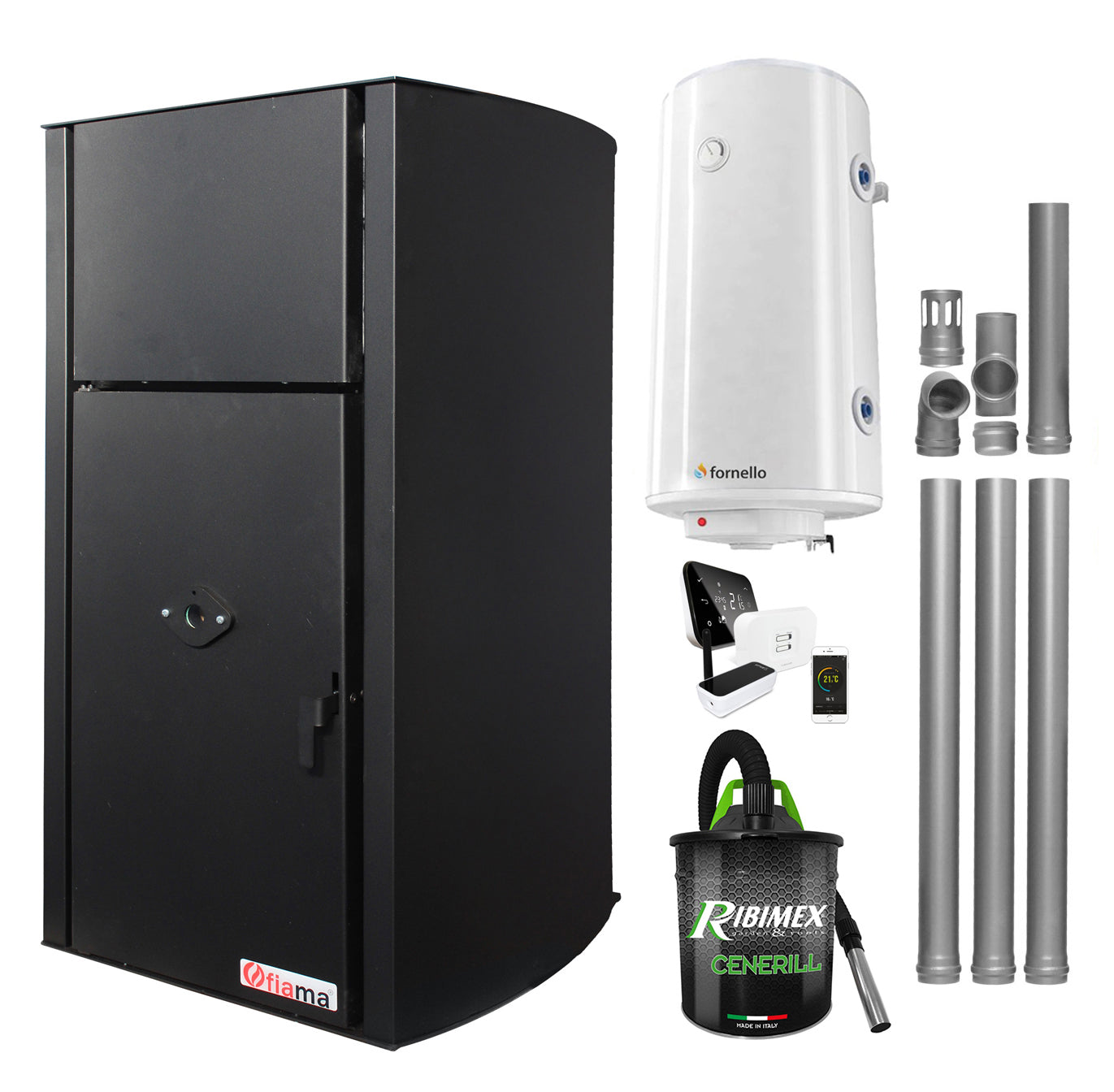 Pachet control de la distanta, Centrala pe peleti Fornello Fiama Confort B 25 kw, complet echipata pentru incalzire, Pompa, Vas expansiune, Automatizare, Boiler 100 litri, Termostat Salus IT 500, Aspirator Cenusa si Kit evacuare 3.5 ml