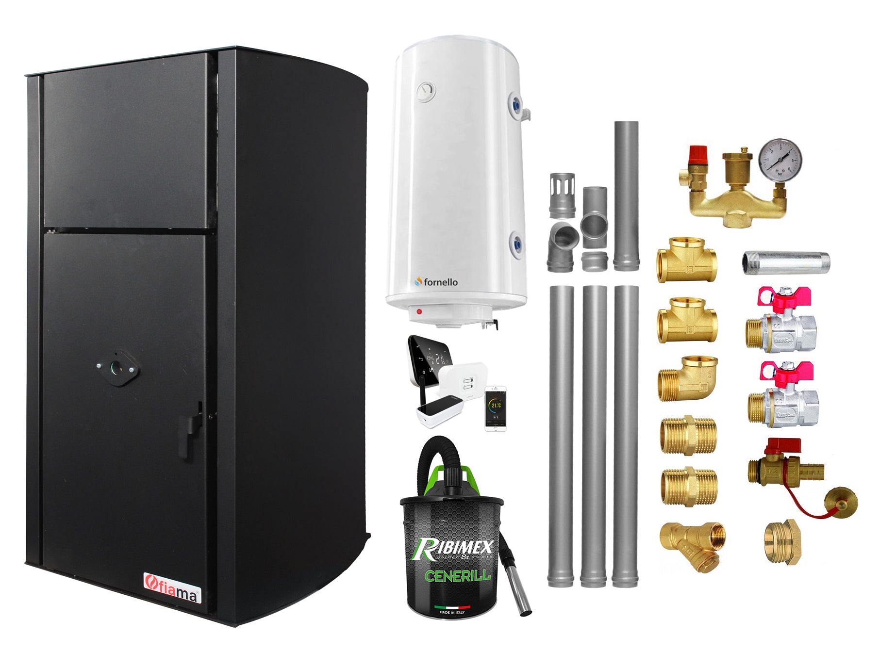 Pachet control de la distanta, Centrala pe peleti Fornello Fiama Confort B 25 kw, complet echipata pentru incalzire, Pompa, Vas expansiune, Automatizare, Boiler 100 litri, Termostat Salus IT 500, Aspirator, Kit evacuare 3.5 ml si Fitinguri montaj