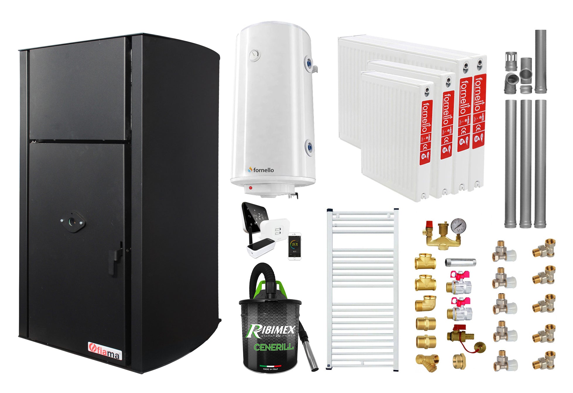 Pachet control de la distanta, Centrala pe peleti Fornello Fiama Confort B 25 kw, Pompa, Vas expansiune, Automatizare, Radiatoare otel, Boiler 100 litri, Termostat, Aspirator, Kit evacuare 3.5 ml si Fitinguri montaj
