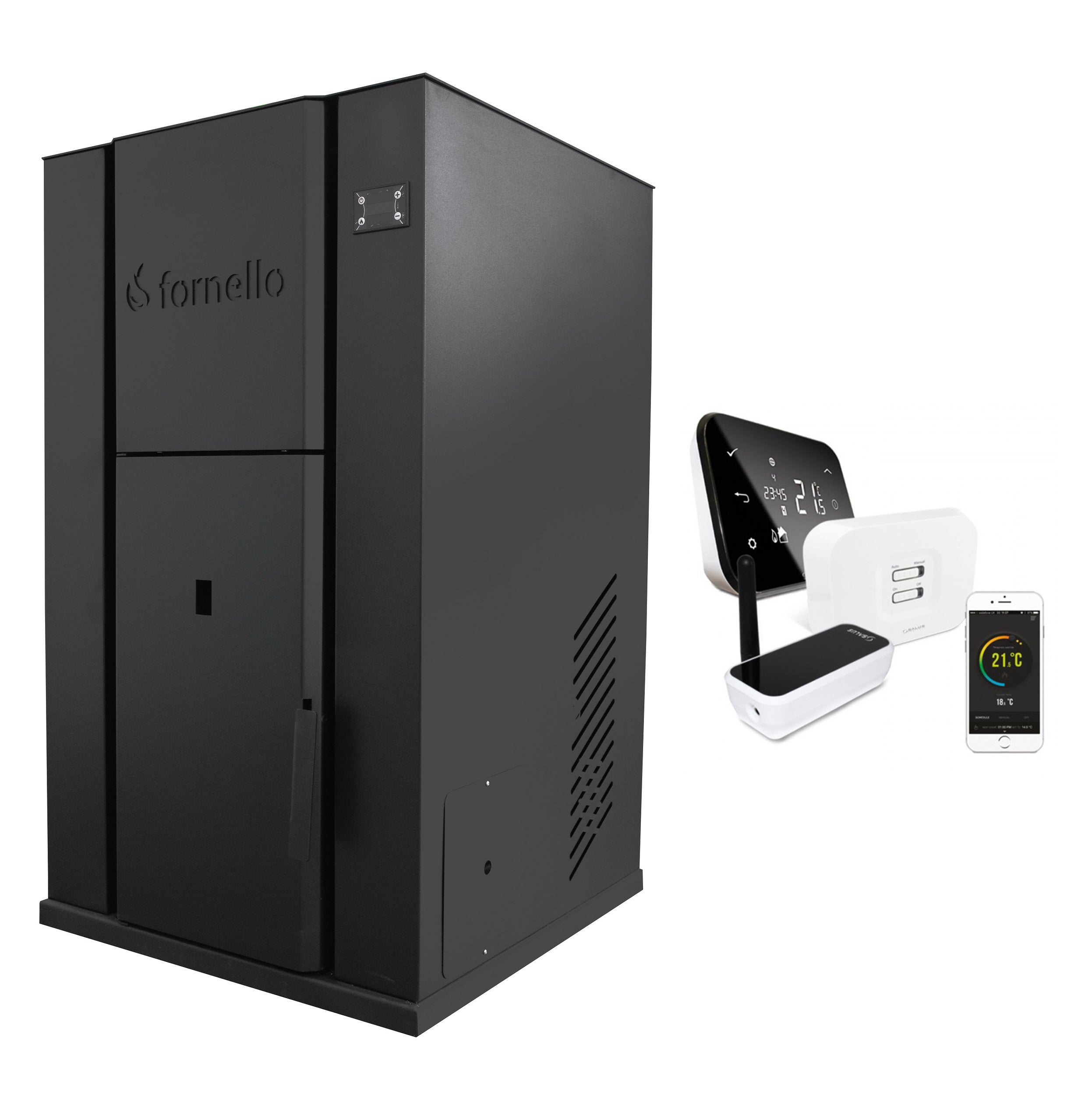 Pachet control de la distanta Centrala monobloc pe peleti Fornello Pellet King 40 kw, pompa, vas de expansiune, supapa, automatizare , tiraj fortat, buncar peleti 100 litri, aprindere automata si termostat Wi-Fi Salus IT 500