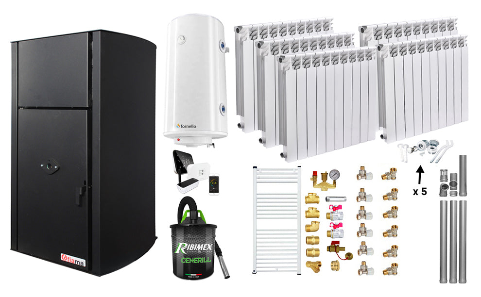 Pachet control de la distanta, Centrala pe peleti Fornello Fiama Confort B 25 kw, Pompa, Vas expansiune, Automatizare, Calorifere aluminiu Fornello Alvo, Boiler 100 litri, Termostat, Aspirator, Kit 3.5 ml si Fitinguri montaj