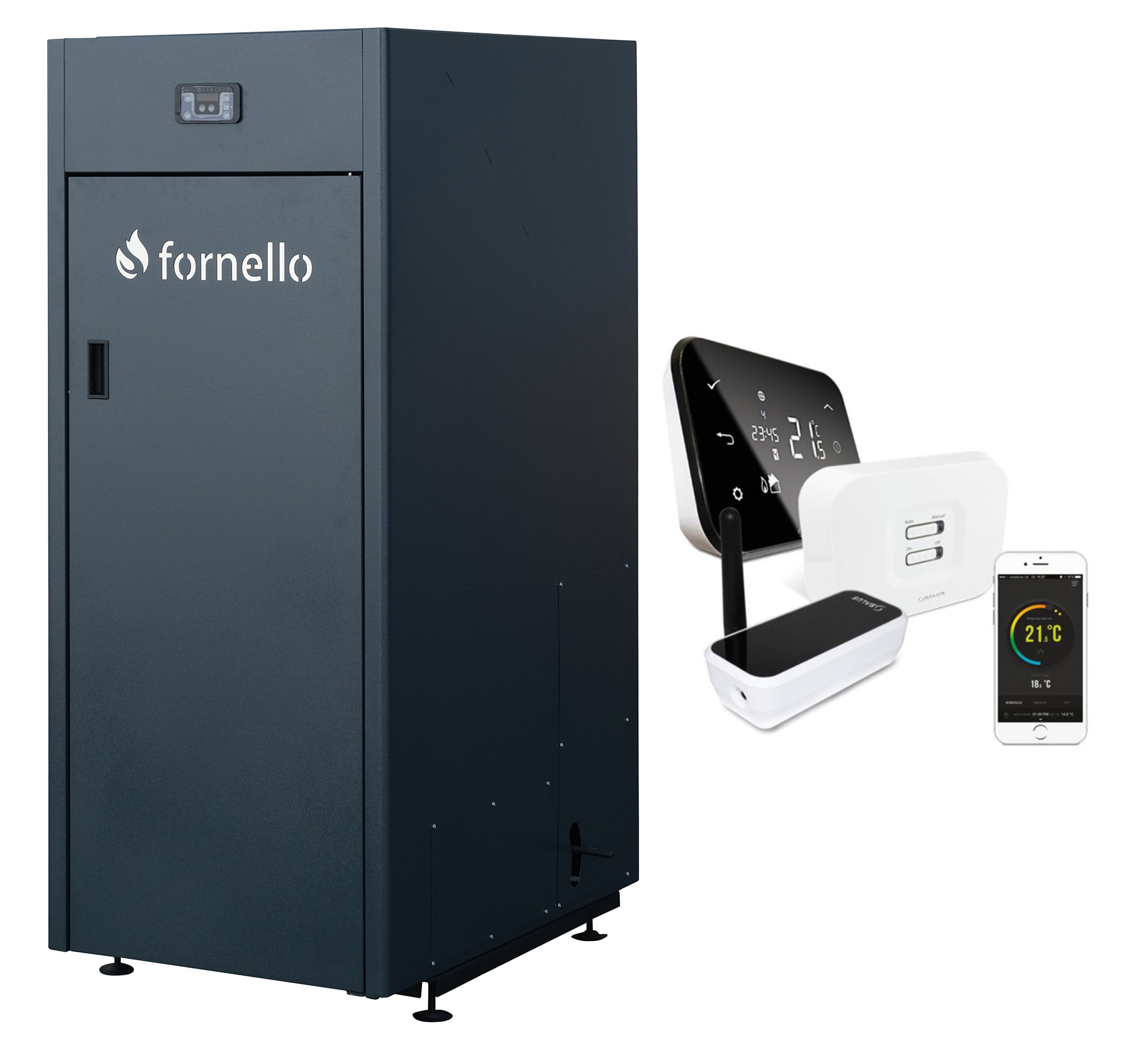 Pachet control de la distanta, Centrala pe peleti Fornello King Plus 35 KW, termostat, pompa de circulatie, vas de expansiune, supapa de siguranta, automatizare, rezervor pentru peleti 145 kg, creuzet din fonta, tiraj fortat