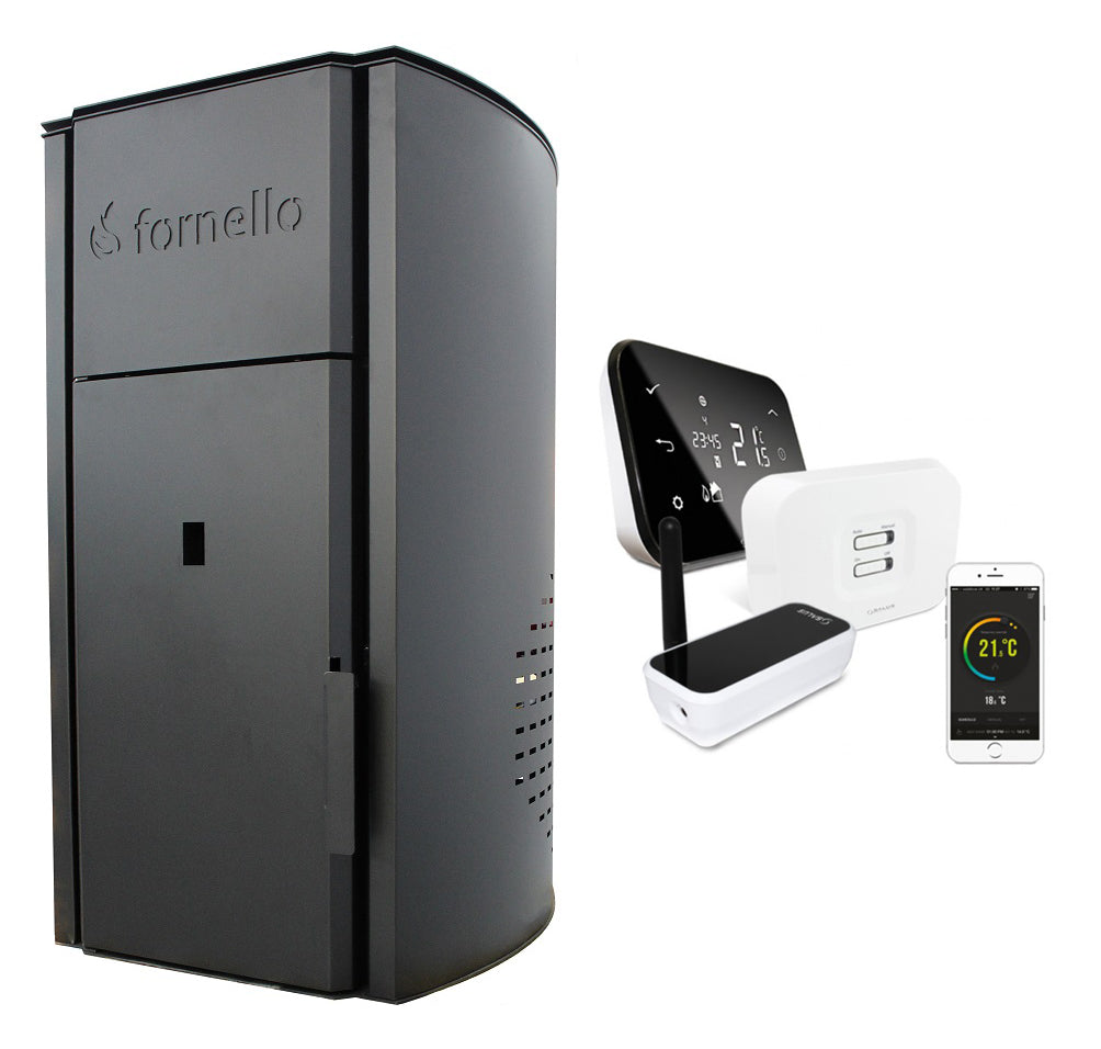 Pachet control de la distanta Centrala pe peleti Fornello Royal BLACK 30 kw, complet echipat cu pompa de circulatie, vas expansiune, supapa de siguranta, buncar 30 kg, automatizare, culoare negru, pana la 200 mp si termostat Wi-Fi Salus IT 500
