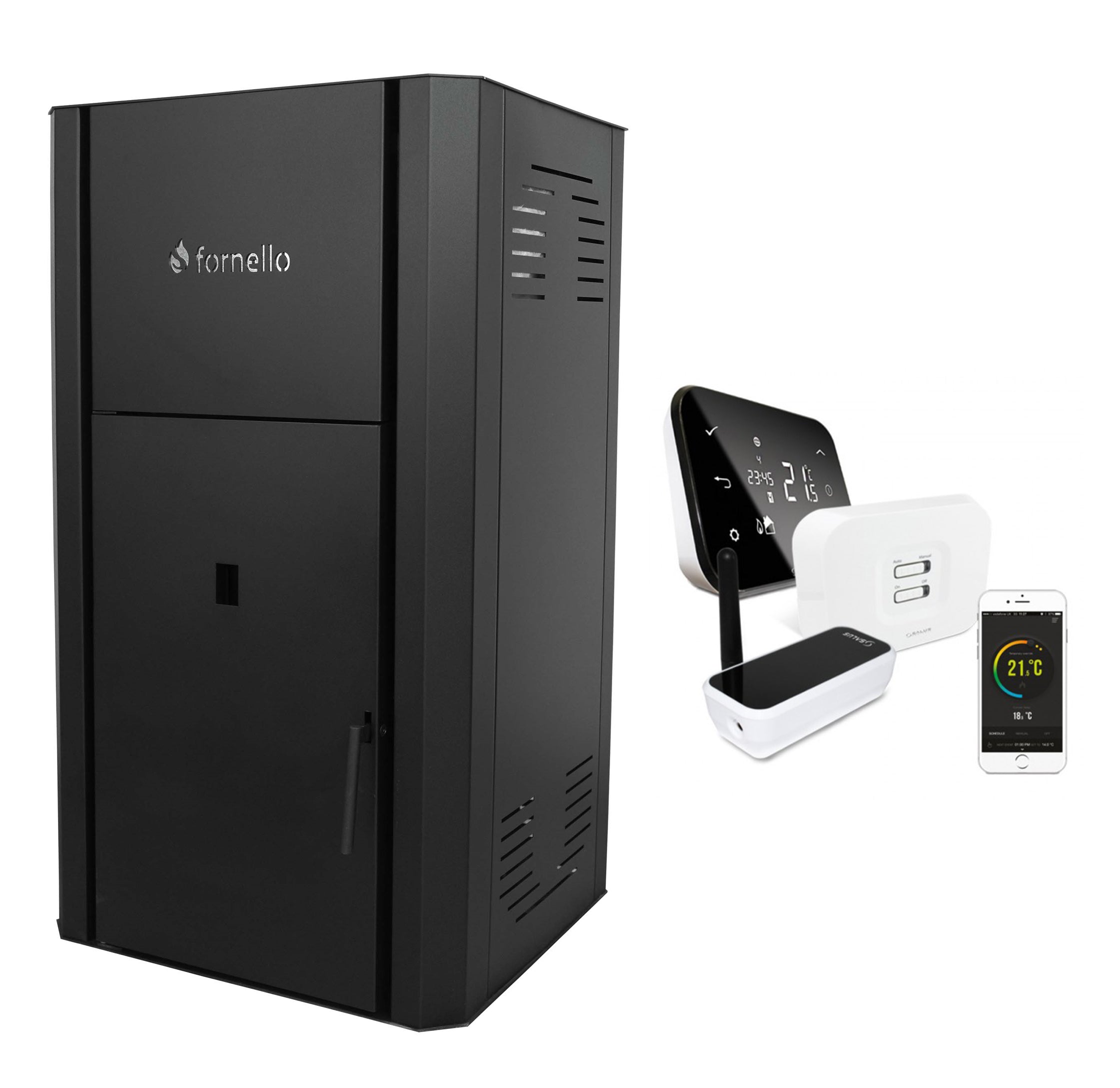 Pachet control de la distanta Centrala pe peleti Fornello Primo Pellet Black 30 kw, pompa, vas expansiune, supapa, buncar peleti 30 kg, automatizare, pana la 200 mp si termostat Wi-Fi Salus IT 500