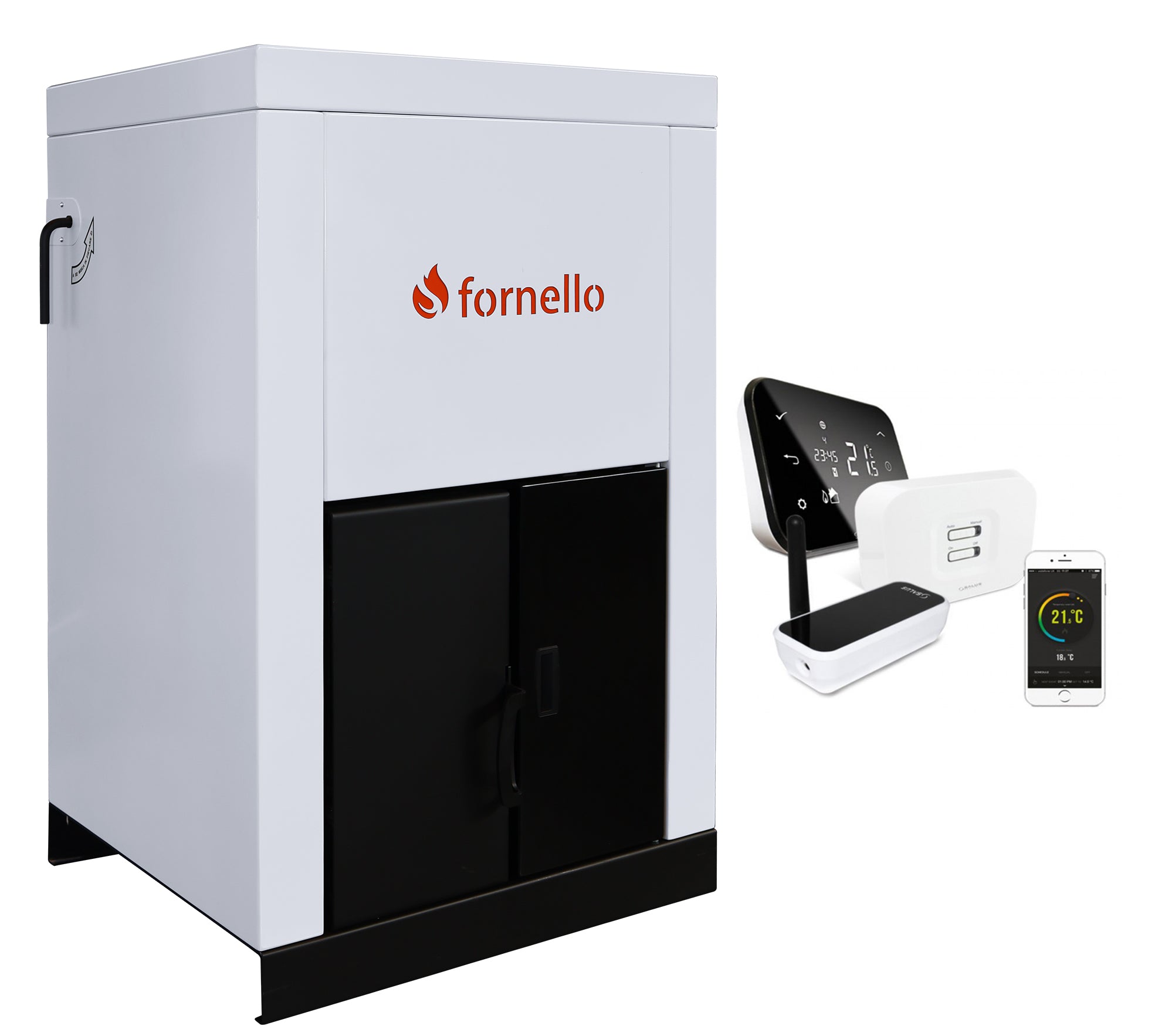 Pachet control de la distanta Centrala pe peleti Fornello Eco Energy 25 kW, complet echipata pentru incalzire, pompa circulatie, vas expansiune, automatizare, buncar peleti 45 kg, tiraj fortat, aprindere automata, curatare facila, pana la 200 mp