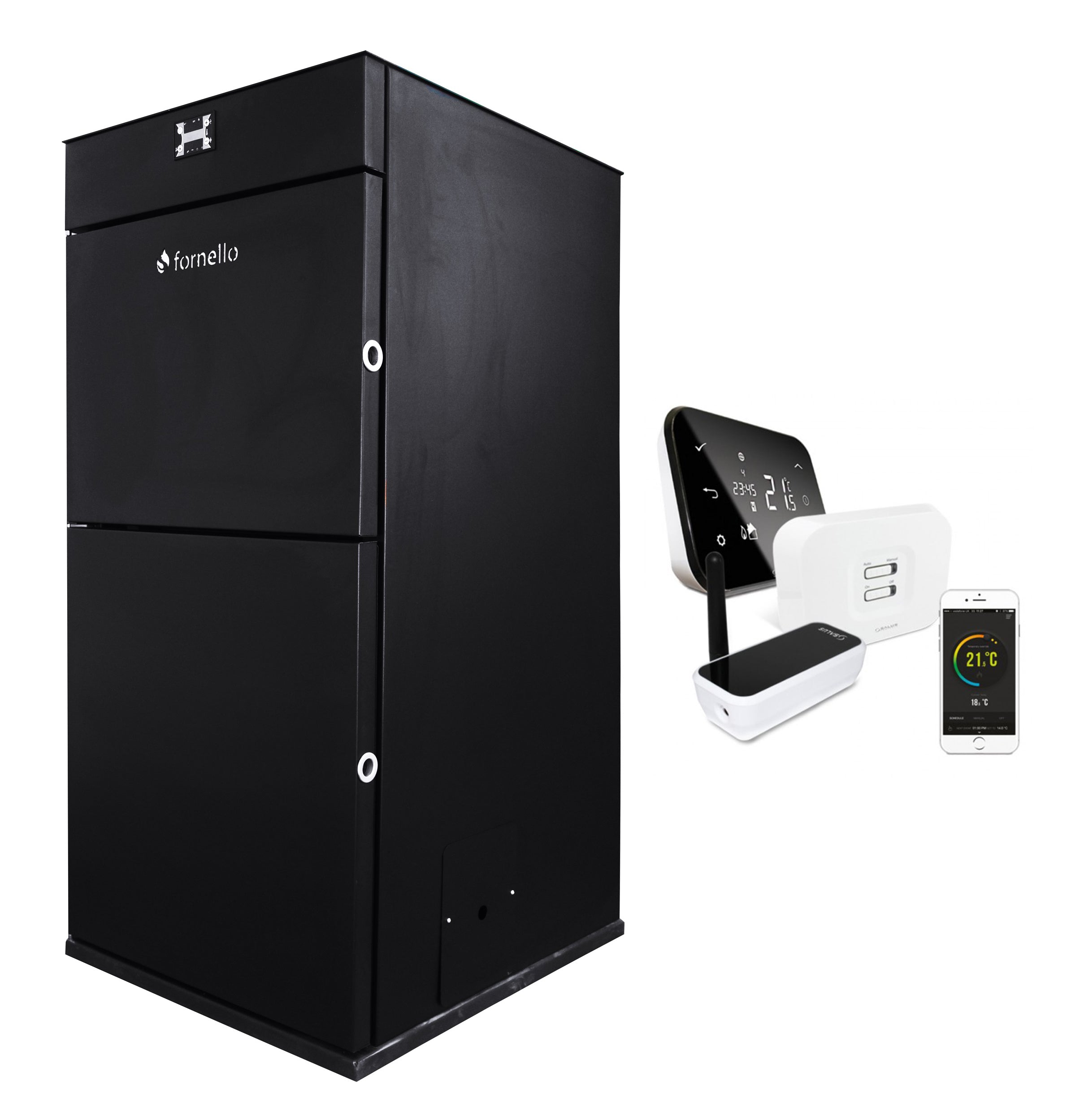 Pachet control de la distanta Centrala peleti Fornello Pellet King 25 kw, pompa, vas expansiune, telecomanda, buncar 70 kg, tiraj fortat, aprindere automata, curatare facila si si termostat Wi-Fi Salus IT 500