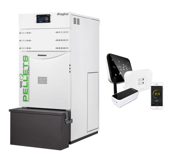 Pachet control de la distanta Centrala termica automata pe peleti Fornello Lidya Compact Proplus 25 kw, pompa Grundfos, vas, manometru, supapa, arzator inox, curatare automata arzator / schimbator si termostat Wi-Fi Salus IT 500