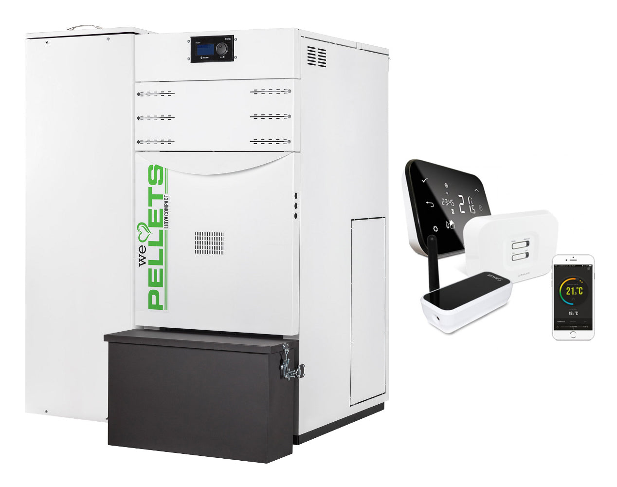 Pachet control de la distanta Centrala termica automata pe peleti Fornello Lidya Compact Prestige 25 kw,pompa Grundfos, vas, manometru, supapa, arzator inox, curatare automata arzator / schimbator de caldura si termostat Wi-Fi Salus IT 500