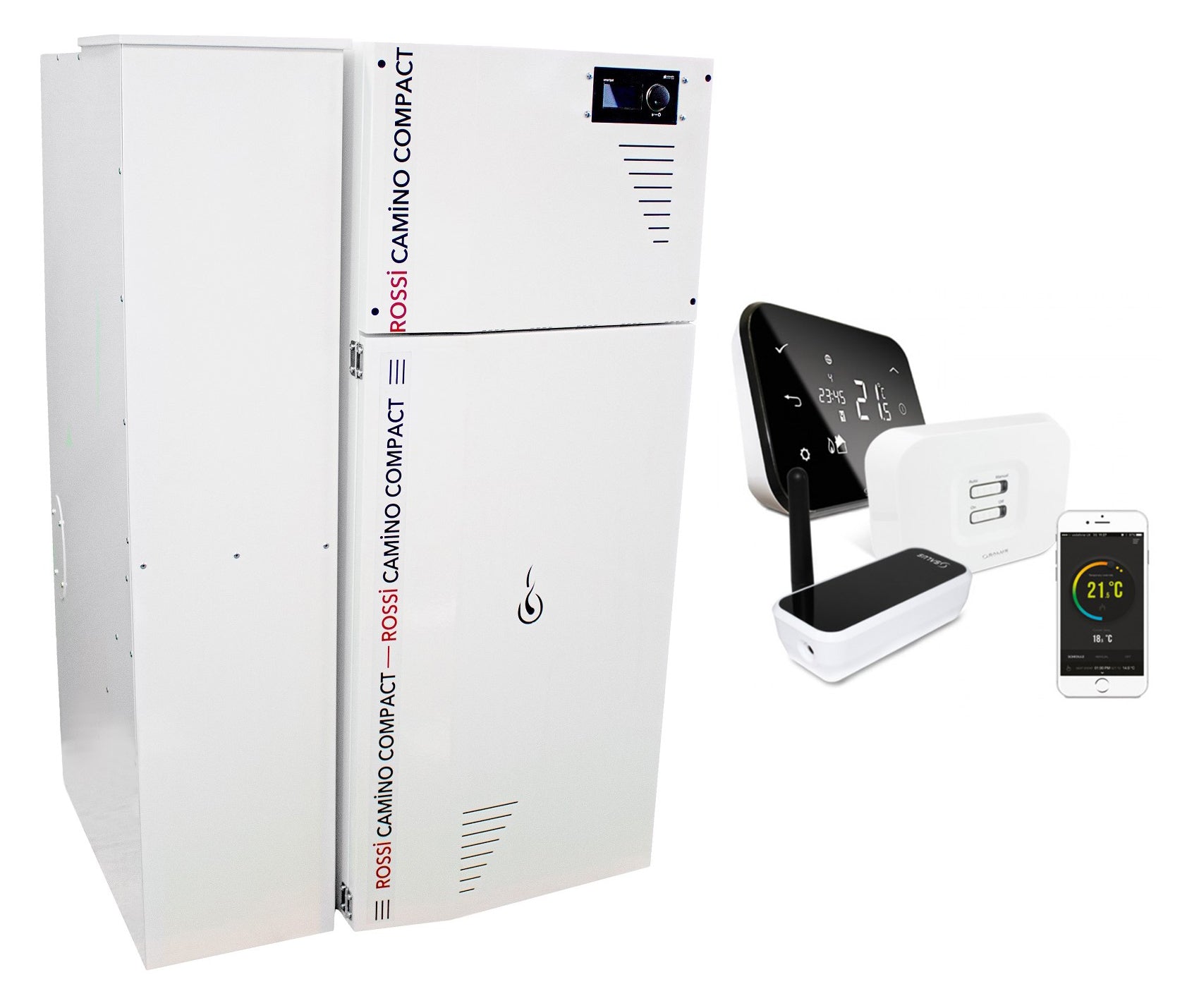 Pachet control de la distanta Centrala termica compacta pe peleti Fornello Rossi Camino Compact 35 kw, pompa, vas expansiune, tiraj fortat, cu rezervor 153 l, arzator inox si termostat Wi-Fi Salus IT 500