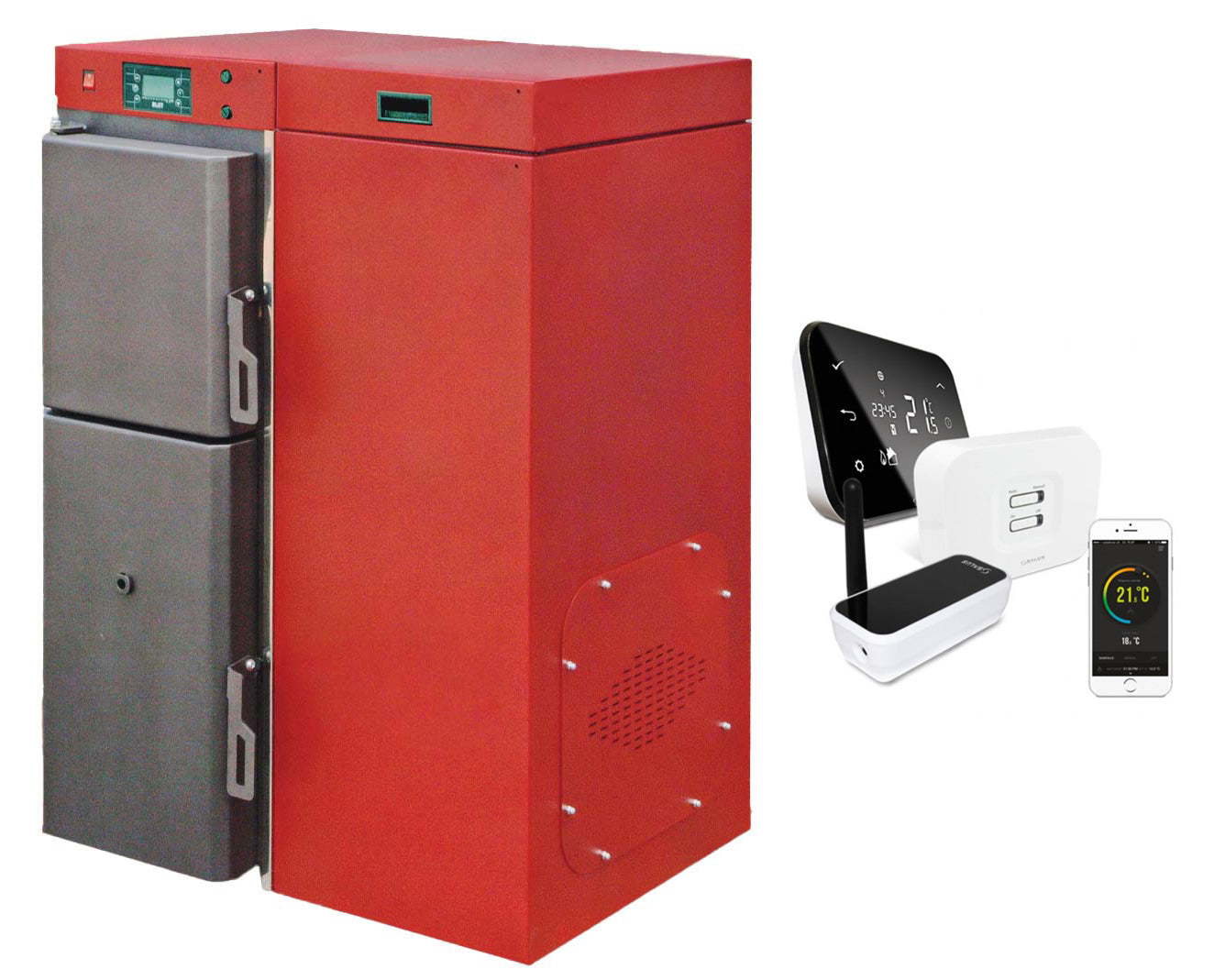 Pachet control de la distanta Centrala termica mixta lemn si peleti, Fornello Tera 40 KW, aprindere electrica peleti, fara modificari la schimbarea combustibilului, buncar 120 kg si termostat Wi-Fi Salus IT 500