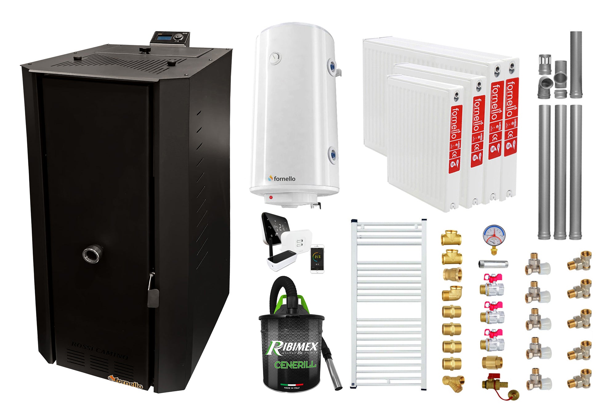 Pachet control de la distanta Centrala termica pe peleti Fornello Rossi B Black 25 kw, pompa, vas expansiune, tiraj fortat, Boiler Termoelectric Fornello 100 l, Termostat Salus IT500, Aspirator, Kit evacuare 3.5 ml, Fitinguri montaj si Radiatoare