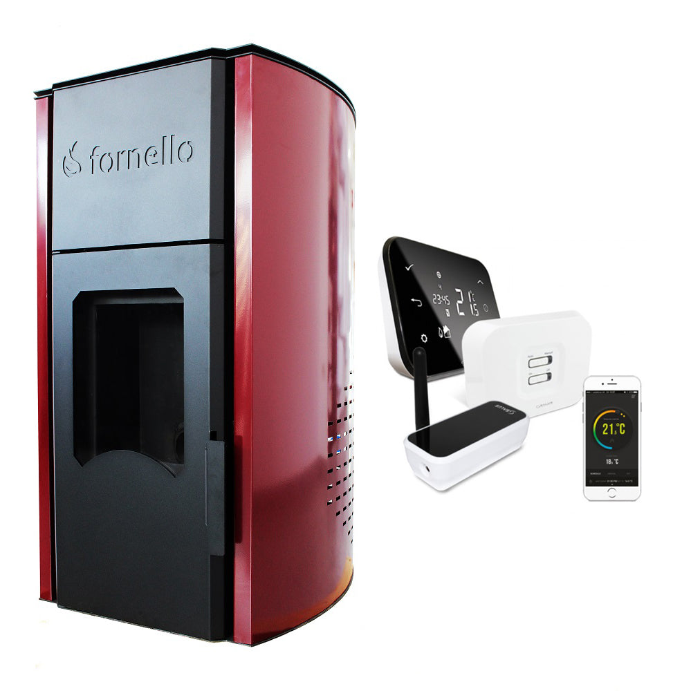 Pachet control de la distanta Termosemineu centrala peleti Fornello Royal Bordeaux 25 kw, complet echipat pentru incalzire, pompa, vas expansiune, automatizare, telecomanda, buncar peleti tiraj fortat si termostat Wi-Fi Salus IT 500