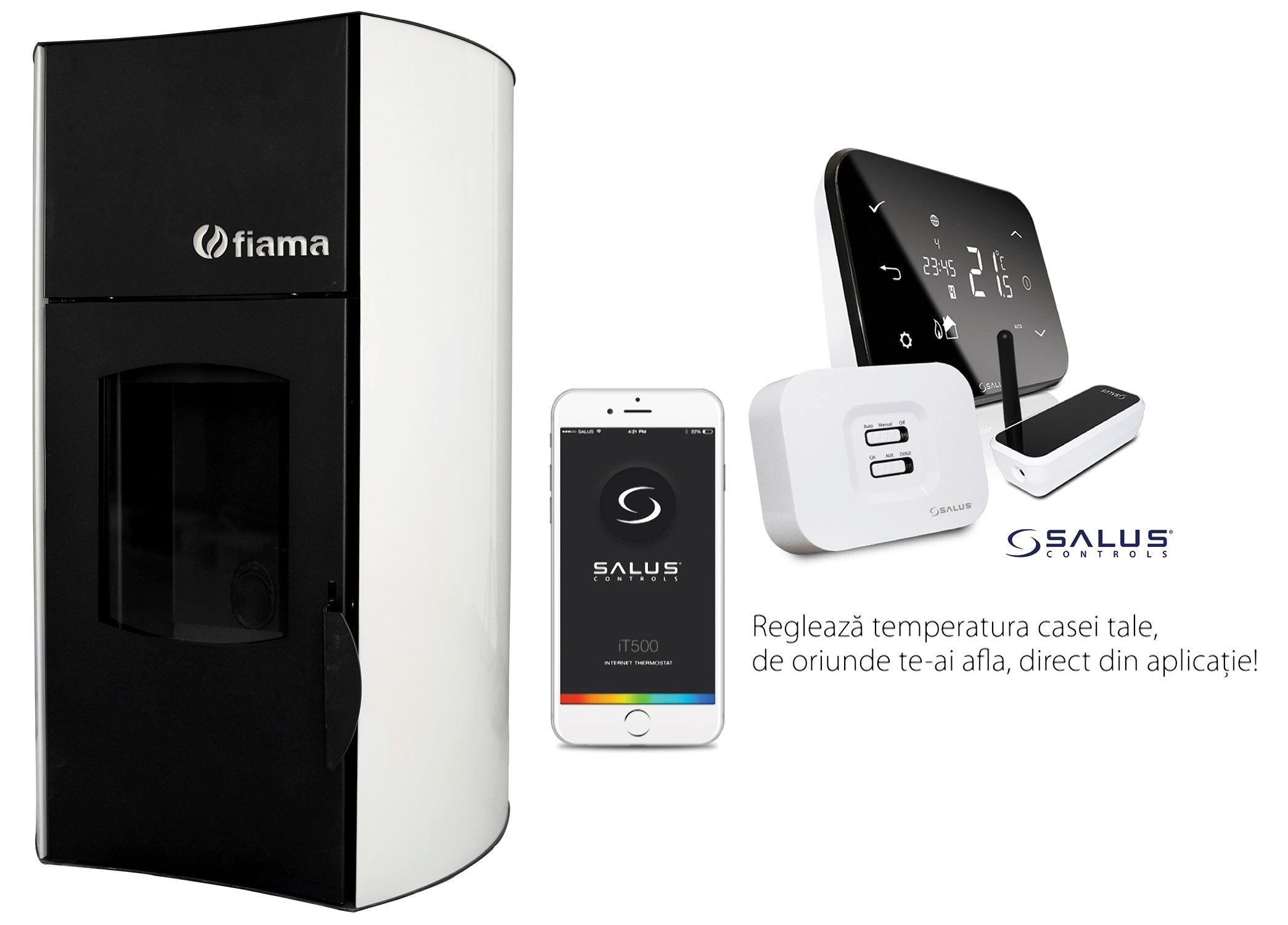 Pachet control de la distanta Termosemineu centrala peleti Fiama Bianco 25 kw, pompa, vas expansiune, automatizare, telecomanda, buncar peleti 30 kg, tiraj fortat, culoare alb si termostat Wi-Fi Salus IT 500