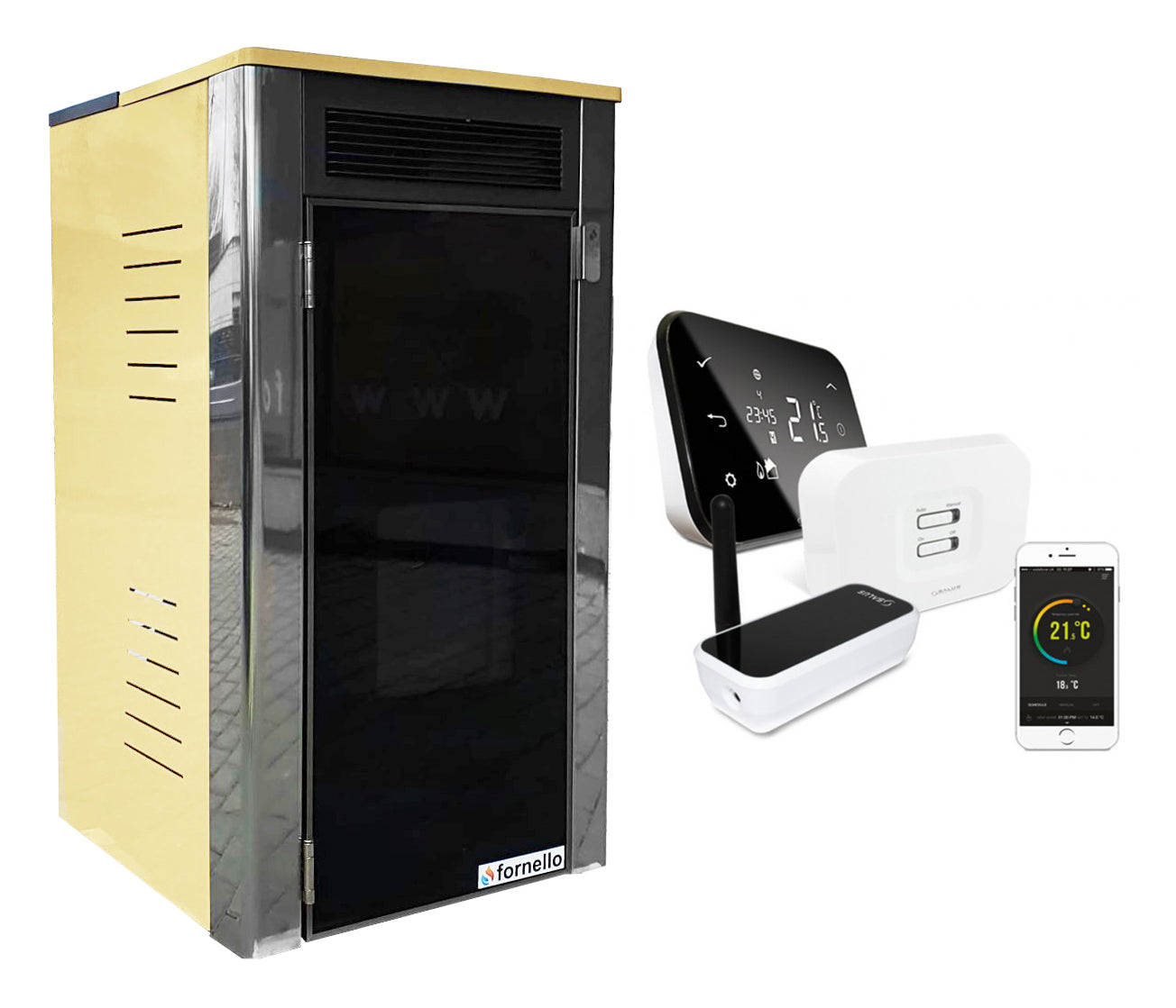Pachet control de la distanta Termosemineu Fornello Primo Truva 25 kW Ivory ,pompa ,vas de expansiune, supapa de siguranta, sistem de curatare MECANICA creuzet si termostat Wi-Fi Salus IT 500