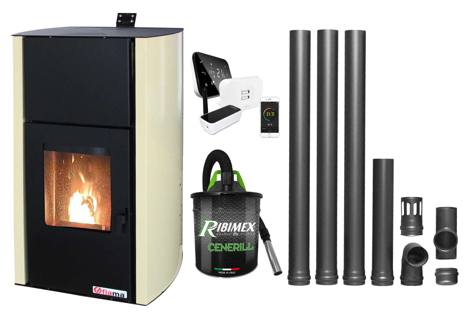 Pachet control de la distanta, Termosemineu pe peleti Fornello Fiama Confort 25 kw, complet echipat pentru incalzire, Pompa, Vas expansiune, Automatizare, Termostat ambiental Salus IT 500, Aspirator Cenusa si Kit evacuare 3.5 ml