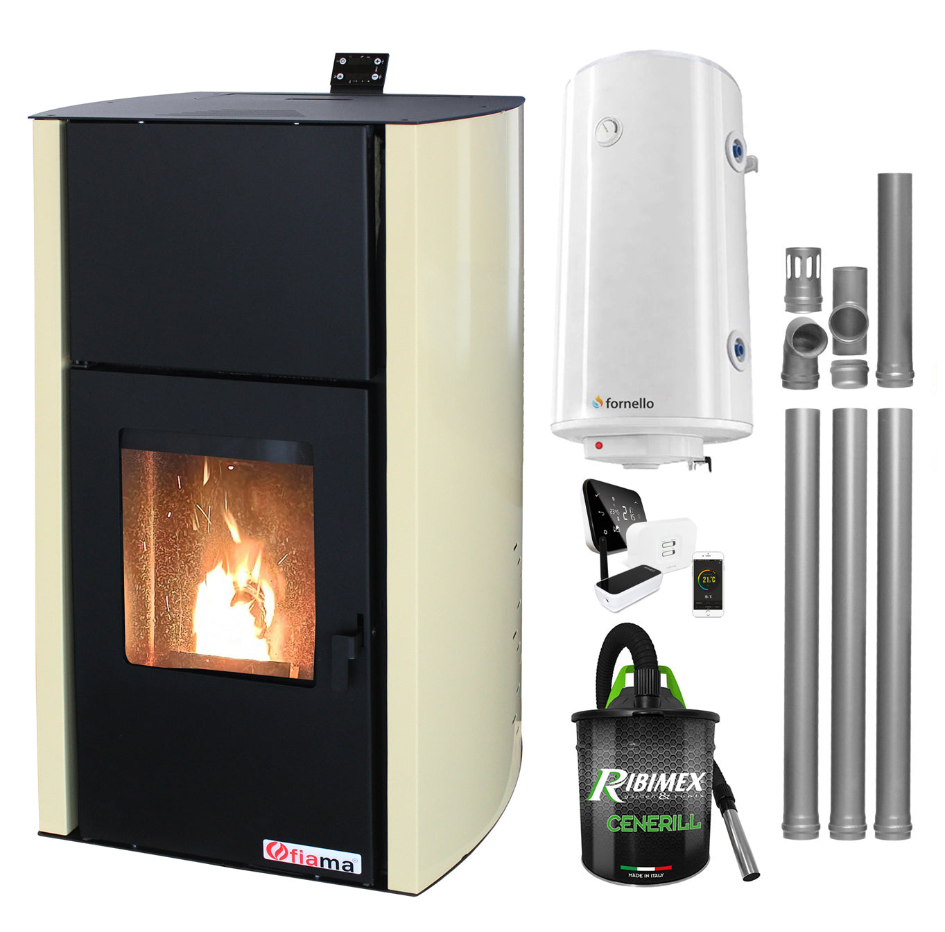 Pachet control de la distanta, Termosemineu pe peleti Fornello Fiama Confort 25 kw, complet echipat pentru incalzire, Pompa, Vas expansiune, Automatizare, Boiler 100 litri, Termostat Salus IT 500, Aspirator Cenusa si Kit evacuare 3.5 ml