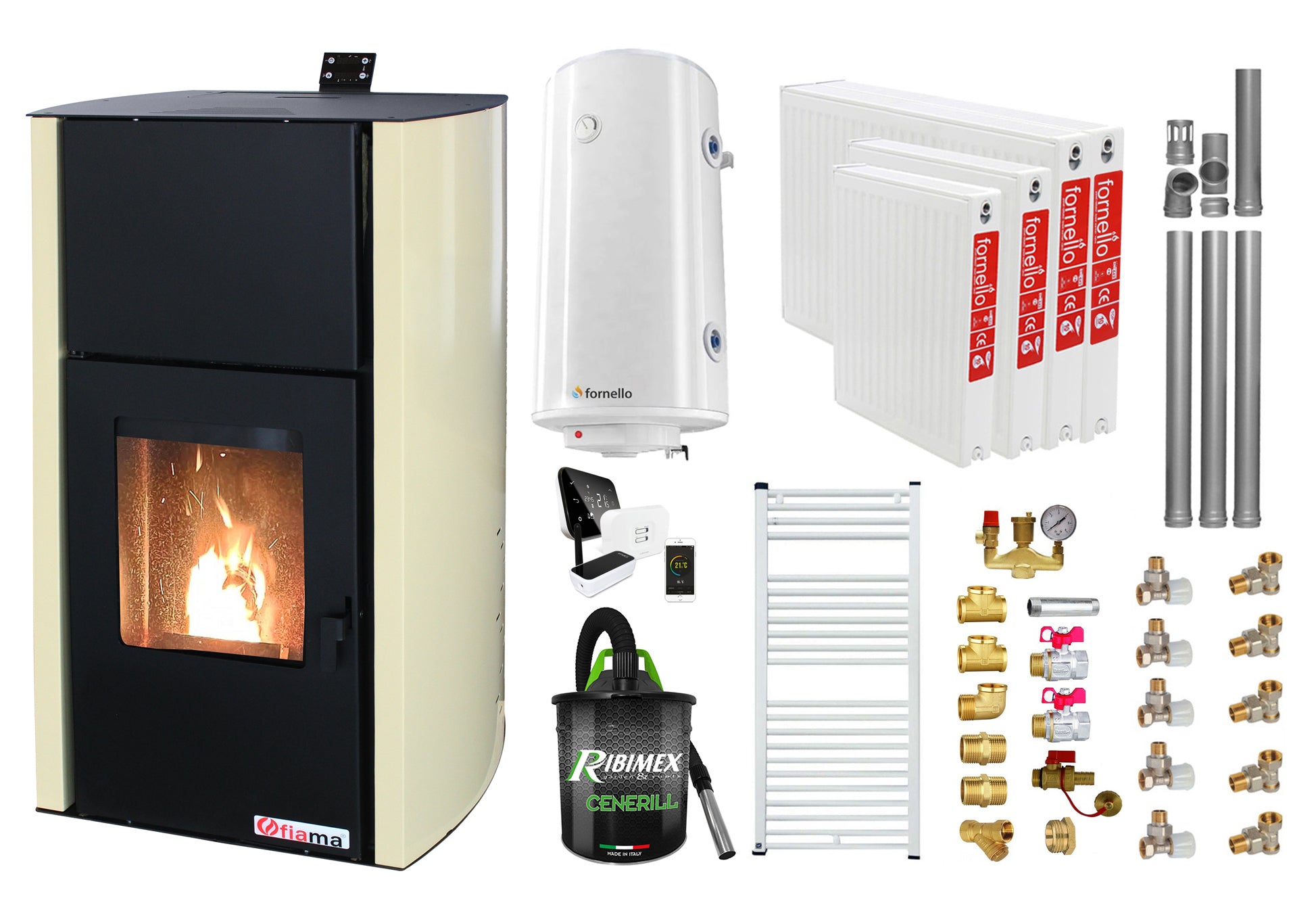 Pachet control de la distanta, Termosemineu pe peleti Fornello Fiama Confort 25 kw, Pompa, Vas expansiune, Automatizare, Radiatoare otel, Boiler 100 litri, Termostat, Aspirator, Kit 3.5 ml si Fitinguri montaj