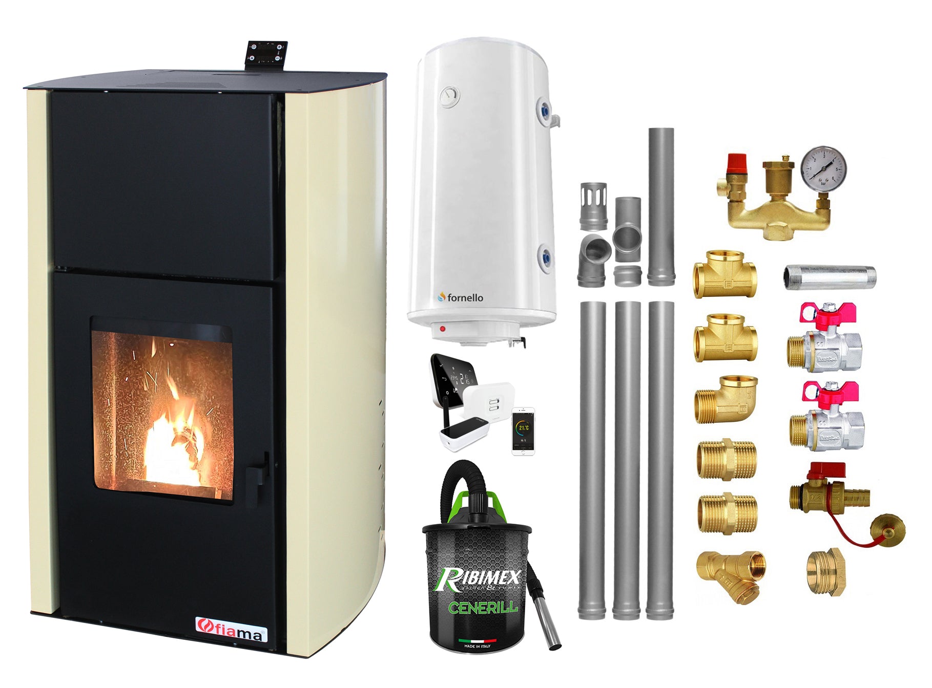 Pachet control de la distanta, Termosemineu pe peleti Fornello Fiama Confort 12 kw, complet echipat pentru incalzire, Pompa, Vas expansiune, Automatizare, Boiler 100 litri, Termostat Salus IT 500, Aspirator, Kit evacuare 3.5 ml si Fitinguri montaj