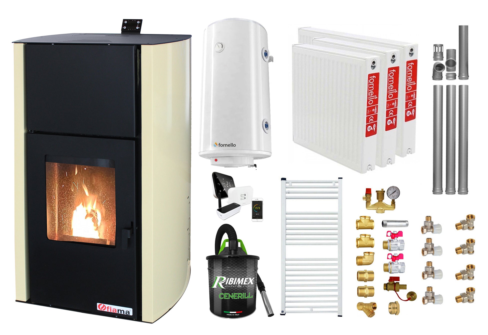 Pachet control de la distanta, Termosemineu pe peleti Fornello Fiama Confort 12 kw, Pompa, Vas expansiune, Automatizare, Radiatoare otel, Boiler 100 litri, Termostat, Aspirator, Kit 3.5 ml si Fitinguri montaj