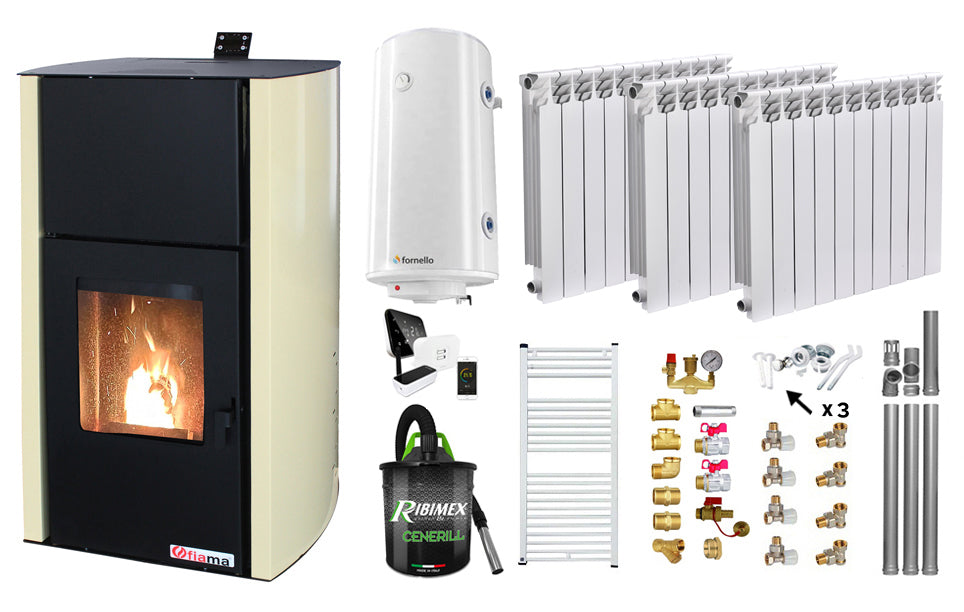 Pachet control de la distanta, Termosemineu pe peleti Fornello Fiama Confort 12 kw, Pompa, Vas expansiune, Automatizare, Calorifere aluminiu Fornello Alvo, Boiler 100 litri, Termostat, Aspirator, Kit 3.5 ml si Fitinguri montaj