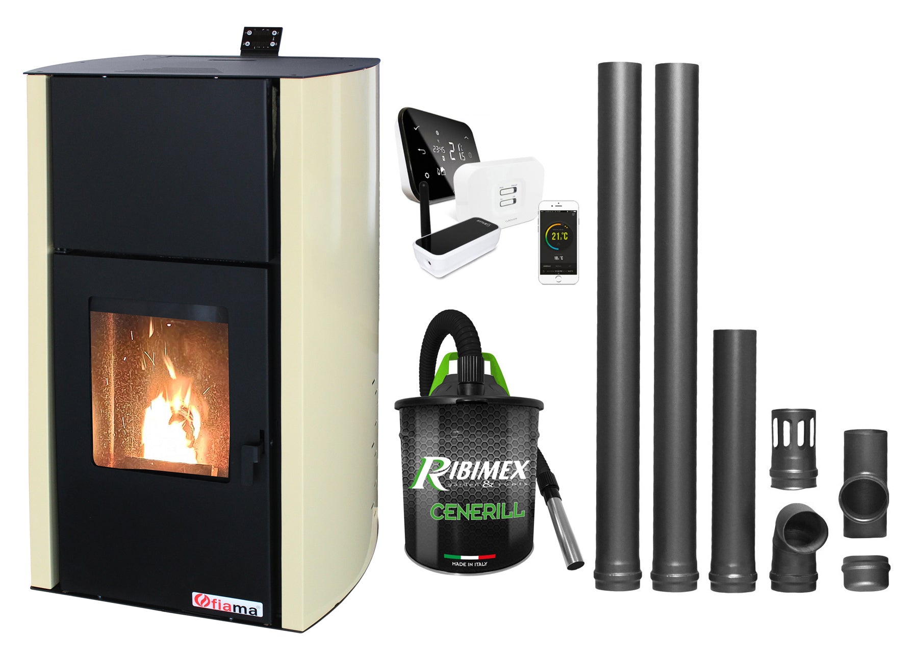 Pachet control de la distanta, Termosemineu pe peleti Fornello Fiama Confort 18 kw, complet echipat pentru incalzire, Pompa, Vas expansiune, Automatizare, Termostat ambiental Salus IT 500, Aspirator Cenusa si Kit evacuare 2.5 ml