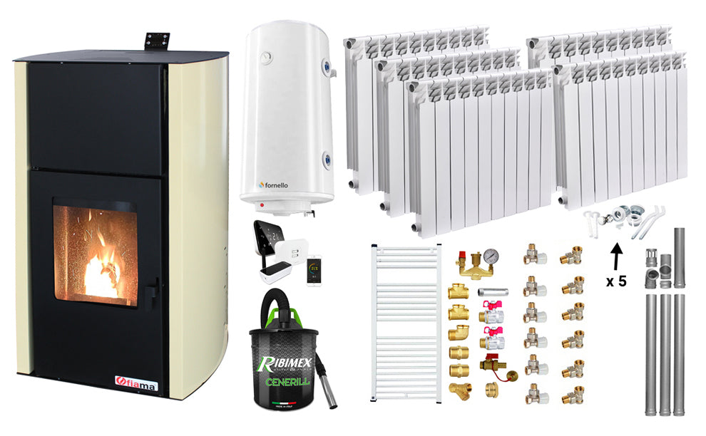 Pachet control de la distanta, Termosemineu pe peleti Fornello Fiama Confort 18 kw, Pompa, Vas expansiune, Automatizare, Calorifere aluminiu Fornello Alvo, Boiler 100 litri, Termostat, Aspirator, Kit 3.5 ml si Fitinguri montaj