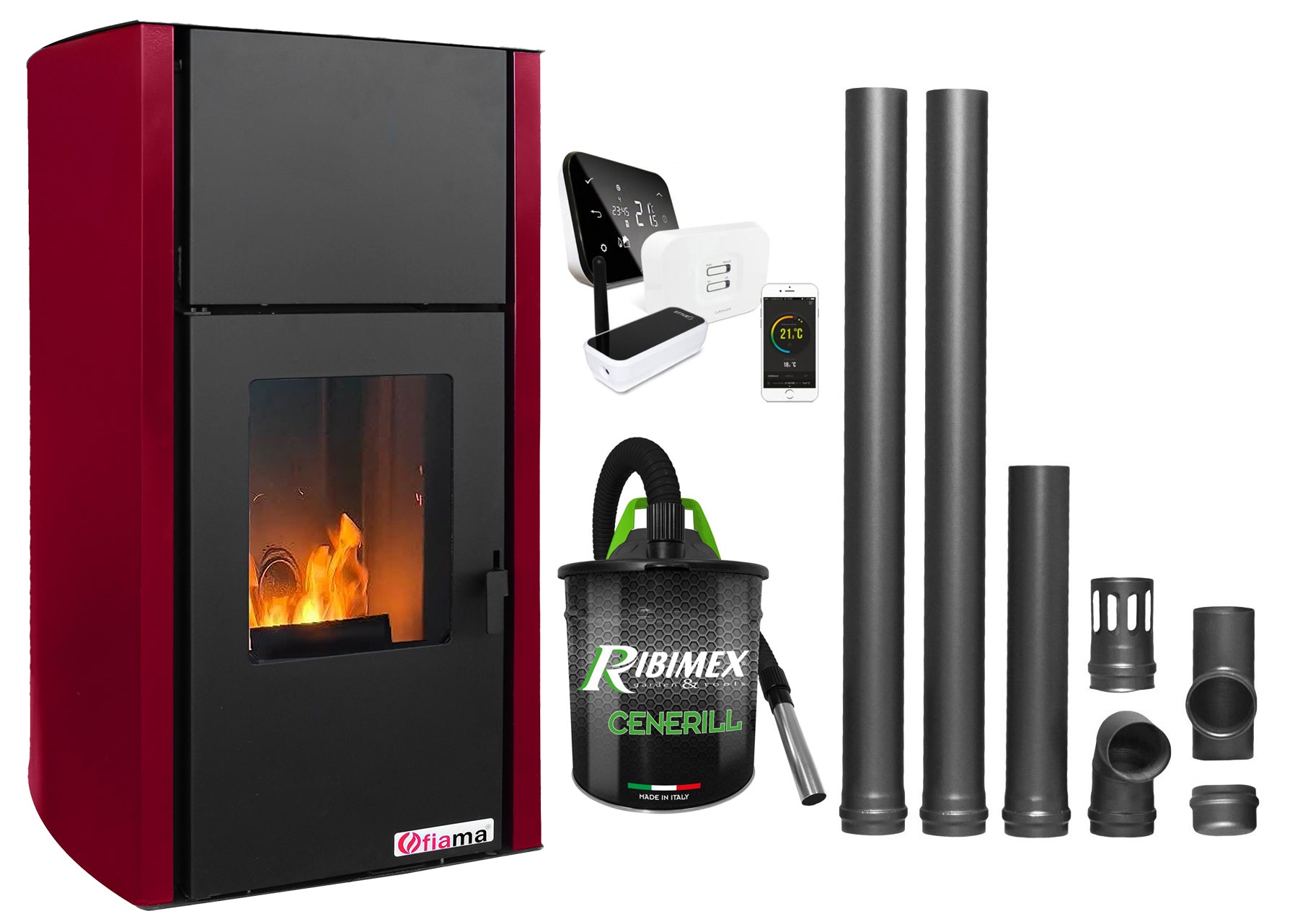 Pachet control de la distanta, Termosemineu pe peleti Fornello Fiama Confort 25 kw, culoare Bordeaux, complet echipat pentru incalzire, Pompa, Vas expansiune, Automatizare, Termostat ambiental Salus IT 500, Aspirator Cenusa si Kit evacuare 2.5 ml