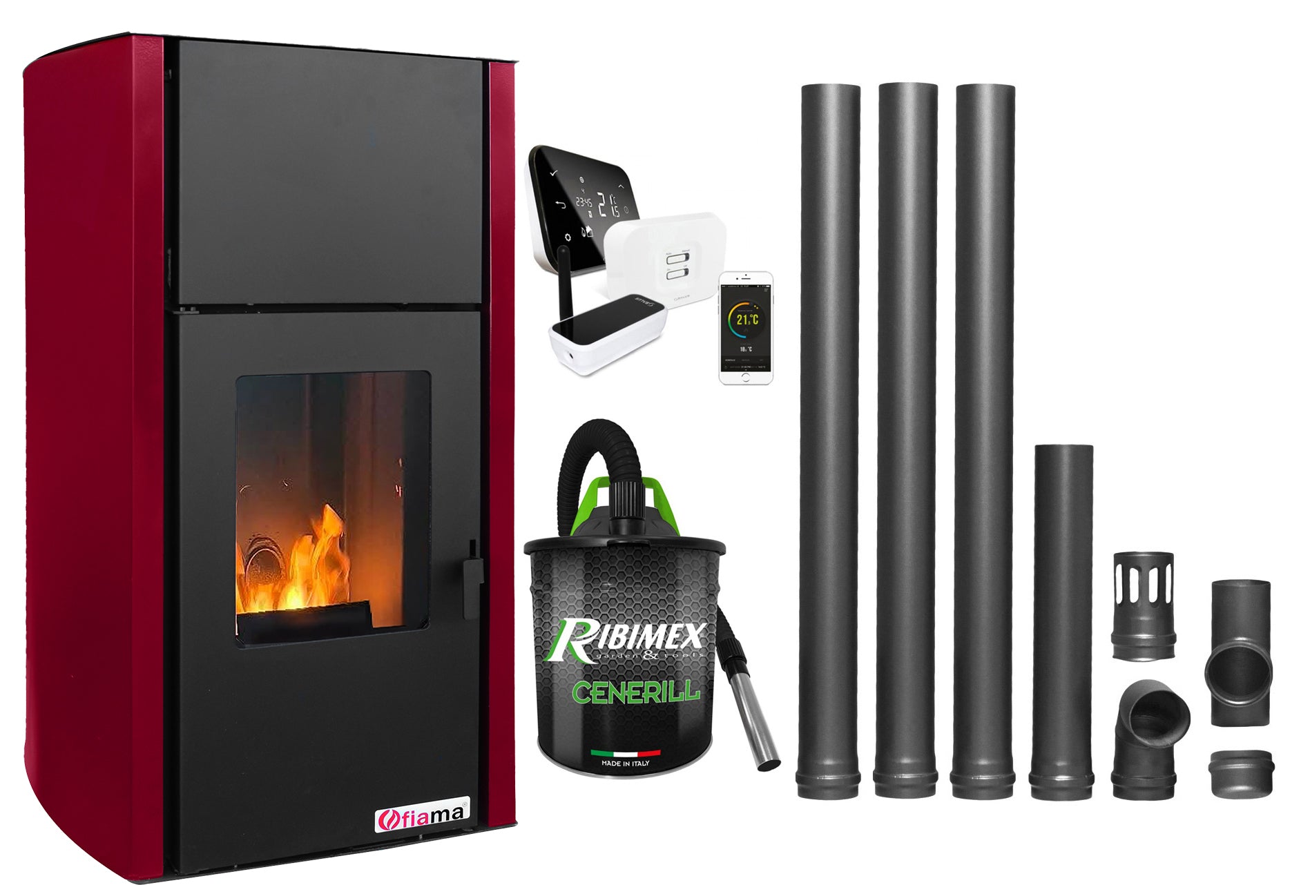 Pachet control de la distanta, Termosemineu pe peleti Fornello Fiama Confort 25 kw, culoare Bordeaux, complet echipat pentru incalzire,Kit evacuare 3.5 ml, Pompa, Vas expansiune, Automatizare, Termostat ambiental Salus IT 500, Aspirator Cenusa