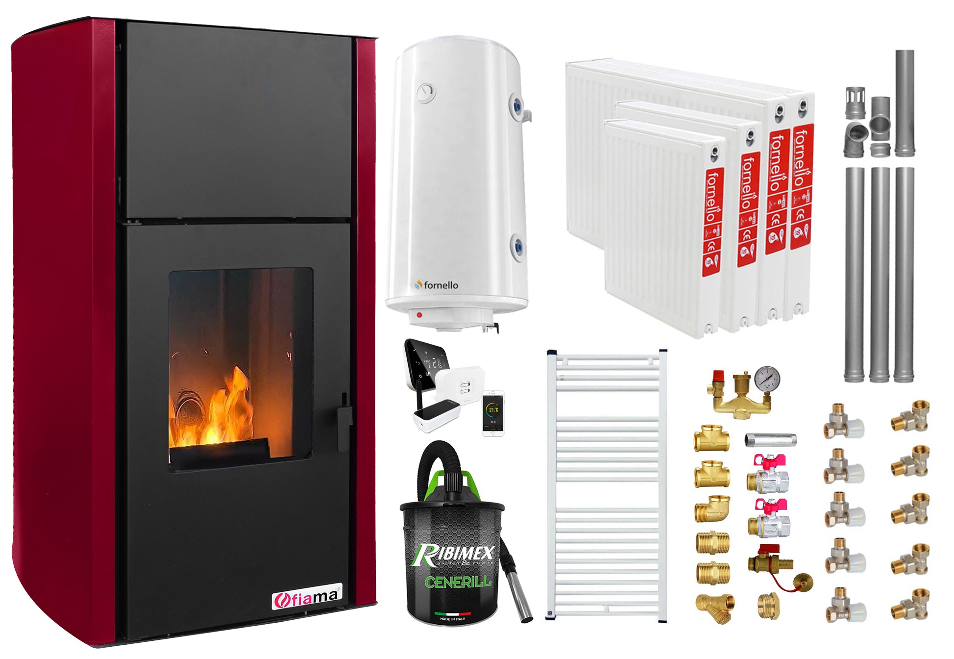 Pachet control de la distanta, Termosemineu pe peleti Fornello Fiama Confort 25 kw, culoare Bordeaux, Pompa, Vas expansiune, Automatizare, Radiatoare otel, Boiler 100 litri, Termostat, Aspirator, Kit 3.5 ml si Fitinguri montaj