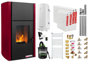 Pachet control de la distanta, Termosemineu pe peleti Fornello Fiama Confort 25 kw, culoare Bordeaux, Pompa, Vas expansiune, Automatizare, Radiatoare otel, Boiler 100 litri, Termostat, Aspirator, Kit 3.5 ml si Fitinguri montaj
