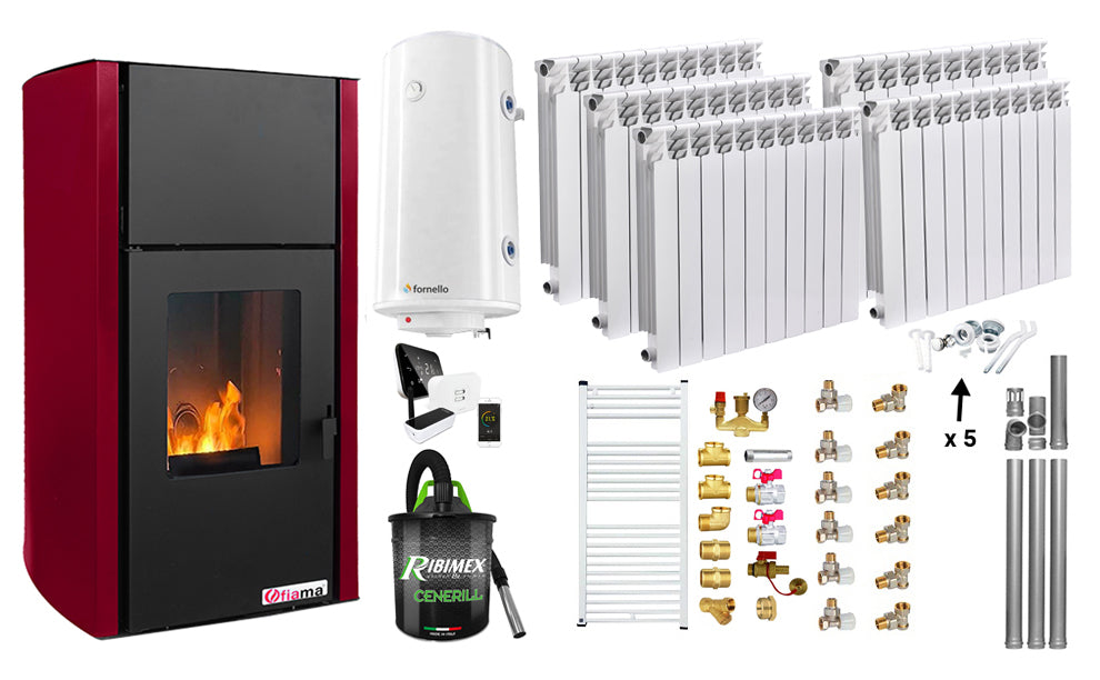 Pachet control de la distanta, Termosemineu pe peleti Fornello Fiama Confort 25 kw, culoare Bordeaux, Pompa, Vas expansiune, Automatizare, Calorifere aluminiu Fornello Alvo, Boiler 100 litri, Termostat, Aspirator, Kit 3.5 ml si Fitinguri montaj