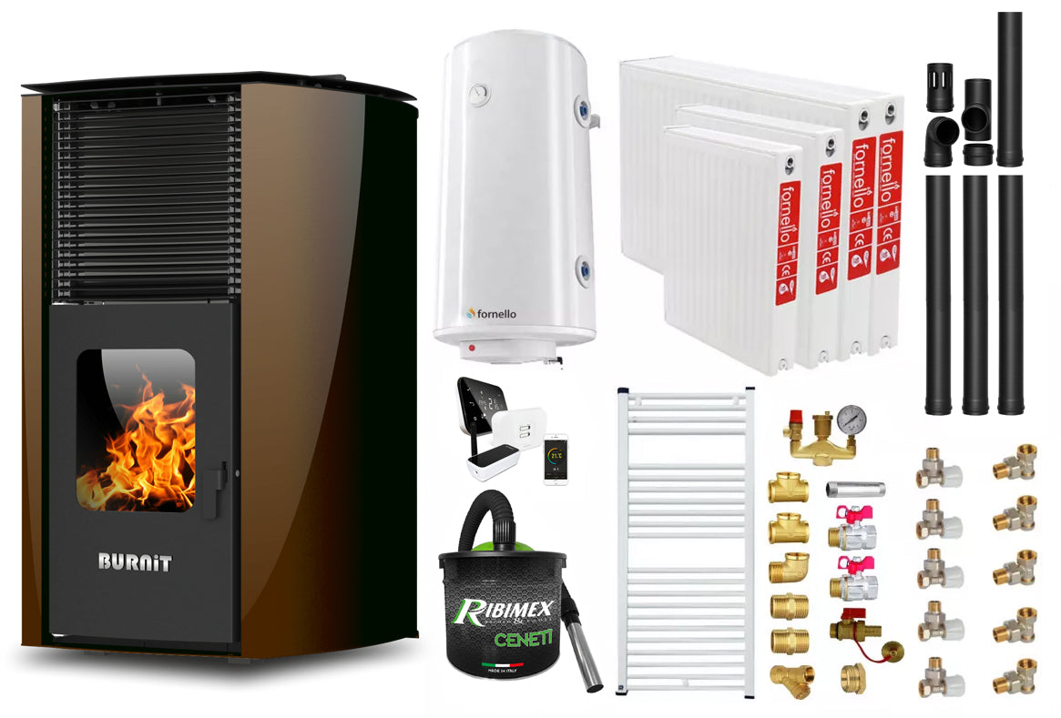 Pachet control de la distanta Termosemineu pe peleti Burnit Advant Novation Brown 25 kw, echipata cu pompa de circulatie, vas de expansiune, automatizare, Radiatoare otel, Fitinguri, Boiler, Termostat, Aspirator Cenusa si Kit evacuare 3.5 ml