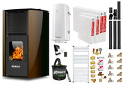 Pachet control de la distanta Termosemineu pe peleti Burnit Advant Novation Brown 25 kw, echipata cu pompa de circulatie, vas de expansiune, automatizare, Radiatoare otel, Fitinguri, Boiler, Termostat, Aspirator Cenusa si Kit evacuare 3.5 ml