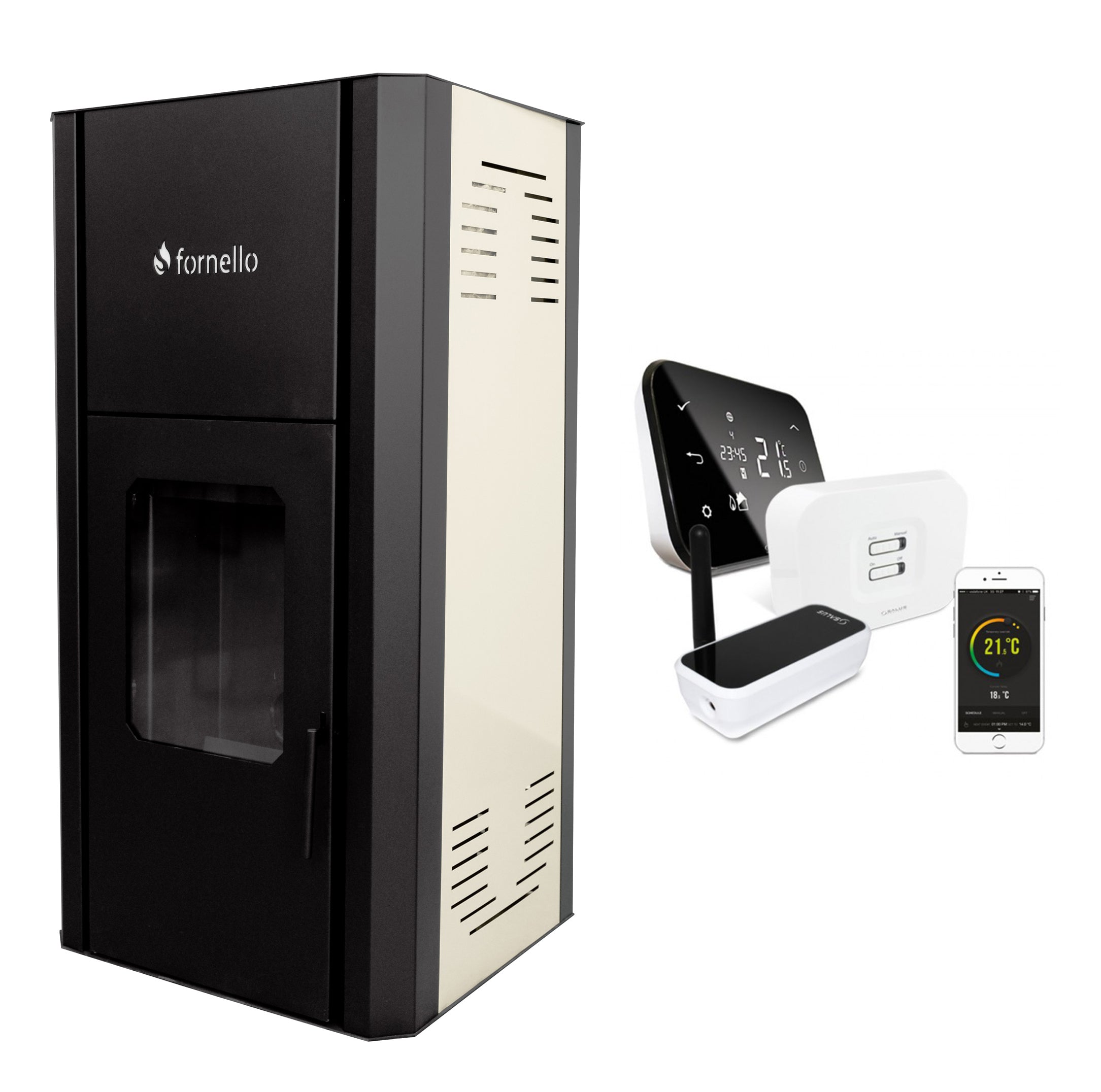 Pachet control de la distanta Termosemineu pe peleti Fornello Primo Pellet Ivory 30 kw, pompa, vas expansiune, supapa, buncar peleti 30 kg, automatizare, pana la 200 mp si termostat Wi-Fi Salus IT 500