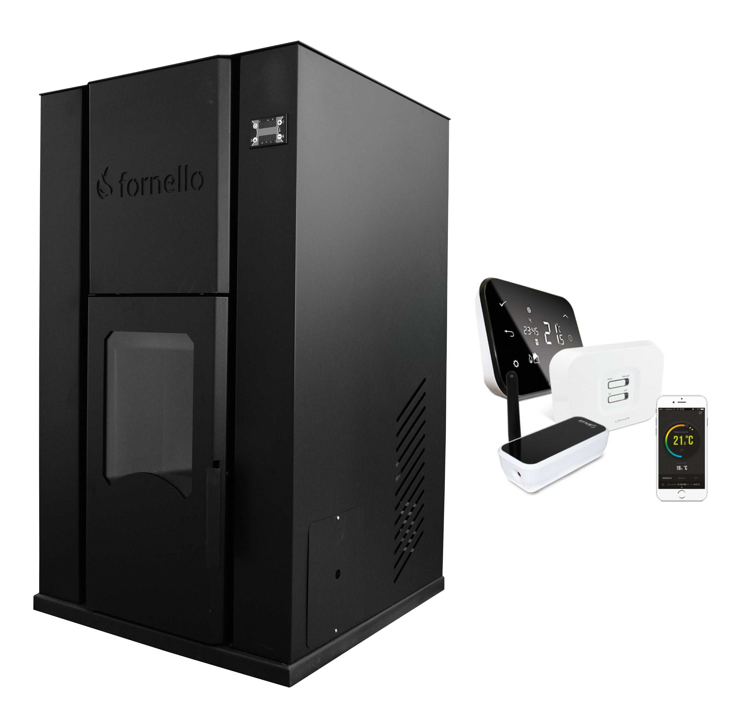 Pachet Control de la distanta Termosemineu pe peleti Fornello Pellet King 35 kw, pompa, vas de expansiune, supapa, automatizare, tiraj fortat, buncar peleti 80 litri si termostat Wi-Fi Salus IT 500