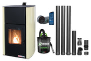 Pachet control de la distanta Termosemineu pe peleti Fornello Fiama Confort 30 kW, cu pompa, vas expansiune, automatizare, termostat, aspirator, kit evacuare 3.5 ml, buncar 35 kg, tiraj fortat, culoare crem, pana la 200 mp
