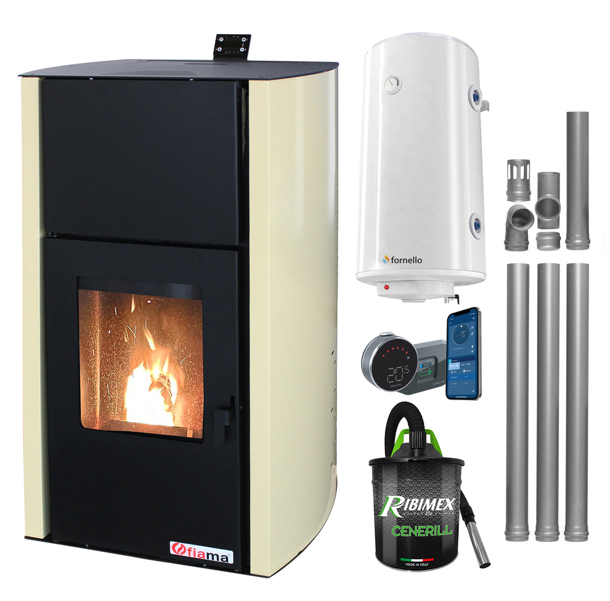 Pachet control de la distanta Termosemineu pe peleti Fornello Fiama Confort 30 kW, cu pompa, vas expansiune, automatizare, boiler, termostat, aspirator, kit evacuare 3.5 ml, buncar 35 kg, tiraj fortat, culoare crem, pana la 200 mp