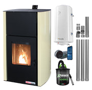 Pachet control de la distanta Termosemineu pe peleti Fornello Fiama Confort 30 kW, cu pompa, vas expansiune, automatizare, boiler, termostat, aspirator, kit evacuare 3.5 ml, buncar 35 kg, tiraj fortat, culoare crem, pana la 200 mp