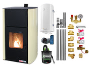 Pachet control de la distanta Termosemineu pe peleti Fornello Fiama Confort 30 kW, cu pompa, vas expansiune, automatizare, boiler, termostat, aspirator, kit evacuare 3.5 ml, fitinguri, buncar 35 kg, culoare crem, pana la 200 mp