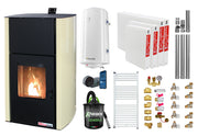 Pachet control de la distanta Termosemineu pe peleti Fornello Fiama Confort 30 kW, pompa, vas expansiune, automatizare, radiatoare otel, boiler, termostat, aspirator, kit evacuare 3.5 ml, fitinguri, buncar 35 kg, culoare crem, pana la 200 mp