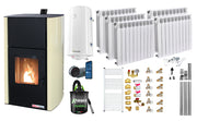 Pachet Control de la distanta Termosemineu pe peleti Fornello Fiama Confort 30 kW, pompa, vas expansiune, automatizare, calorifere aluminiu Fornello Alvo, boiler, termostat, aspirator, kit evacuare, fitinguri, culoare crem