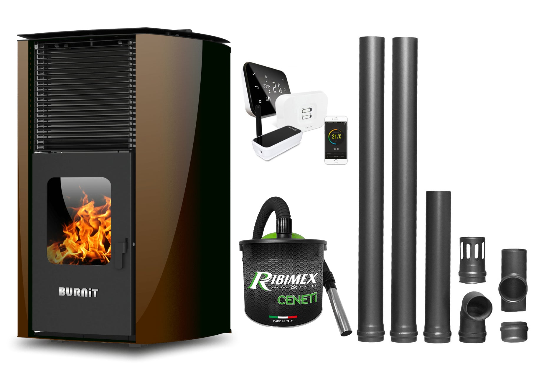 Pachet control de la distanta Termosemineu pe peleti Burnit Advant Novation Brown 25 kw, echipata cu pompa de circulatie, vas de expansiune, automatizare, Termostat, Aspirator Cenusa si Kit evacuare 3.5 ml