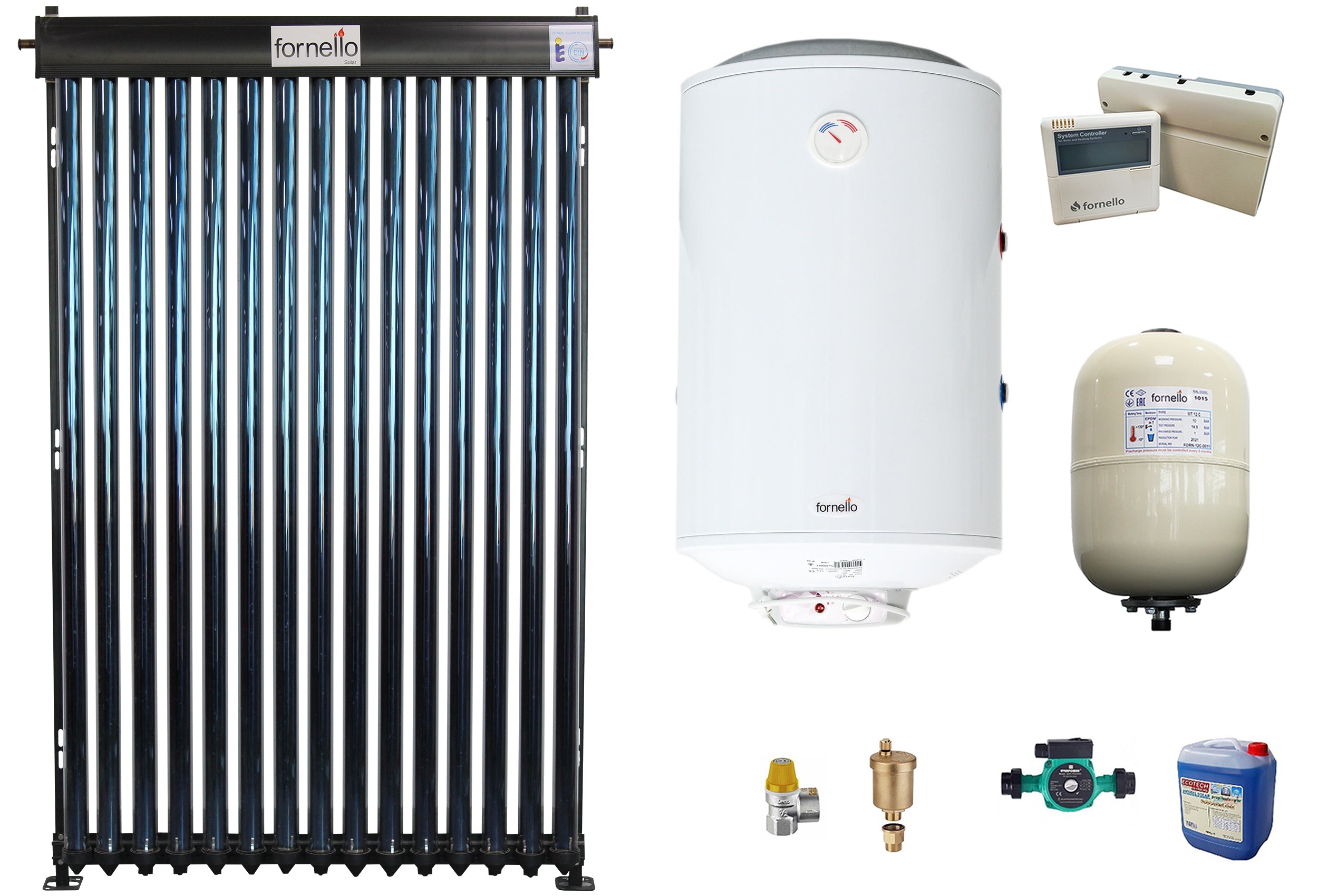 Pachet Economic Sistem solar presurizat, panou Fornello 15 Tuburi Heat Pipe, boiler termoelectric tanc in tanc cu rezistenta electrica Fornello 150 litri, pompa 25-60, controller, vas expansiune, antigel, supapa 1/2, aerisitor 1/2