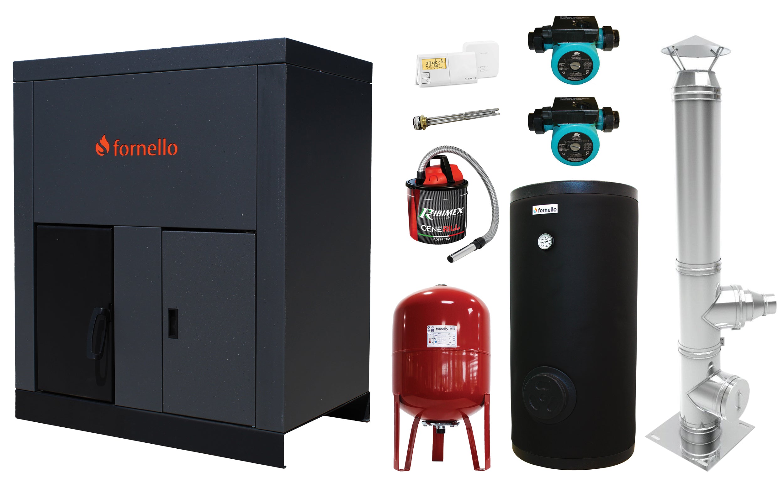 Pachet format din Centrala pe peleti Fornello Eco Energy 40 kW, Pompe circulare, Vas Expansiune, Boiler termoelectric de sol, Cos inox, Termostat ambient si Aspirator cenusa