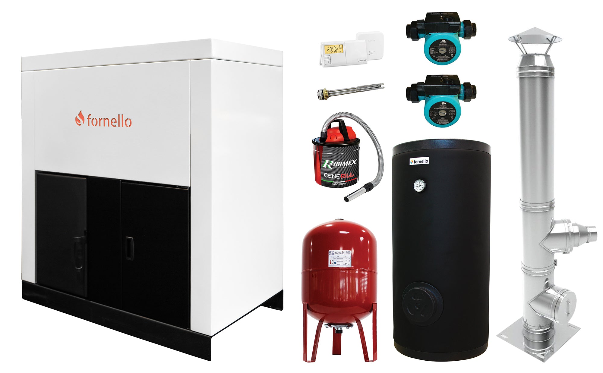 Pachet format din Centrala pe peleti Fornello Eco Energy 35 kW, Pompe circulare, Vas Expansiune, Boiler termoelectric de sol, Cos inox, Termostat ambient si Aspirator cenusa
