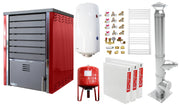 Pachet incalzire si apa calda 2 camere Centrala pe lemne FORNELLO SAUNA RED 30 kw echipata cu pompa de circulare, cos inox, boiler termoelectric 100l, vas expansiune, kit montaj si calorifere