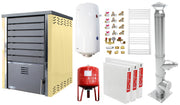Pachet incalzire si apa calda 2 camere Centrala pe lemne FORNELLO SAUNA CREAM 30 kw echipata cu pompa de circulare, cos inox, boiler termoelectric 100l, vas expansiune, kit montaj si calorifere