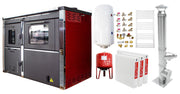 Pachet incalzire si apa calda 2 camere Termosemineu FORNELLO STAR Red 34 kw pe combustibil solid prevazut cu plita si cuptor pentru gatit, echipat cu pompa de circulare, cos inox, boiler termoelectric 100l, vas expansiune, kit montaj si calorifere